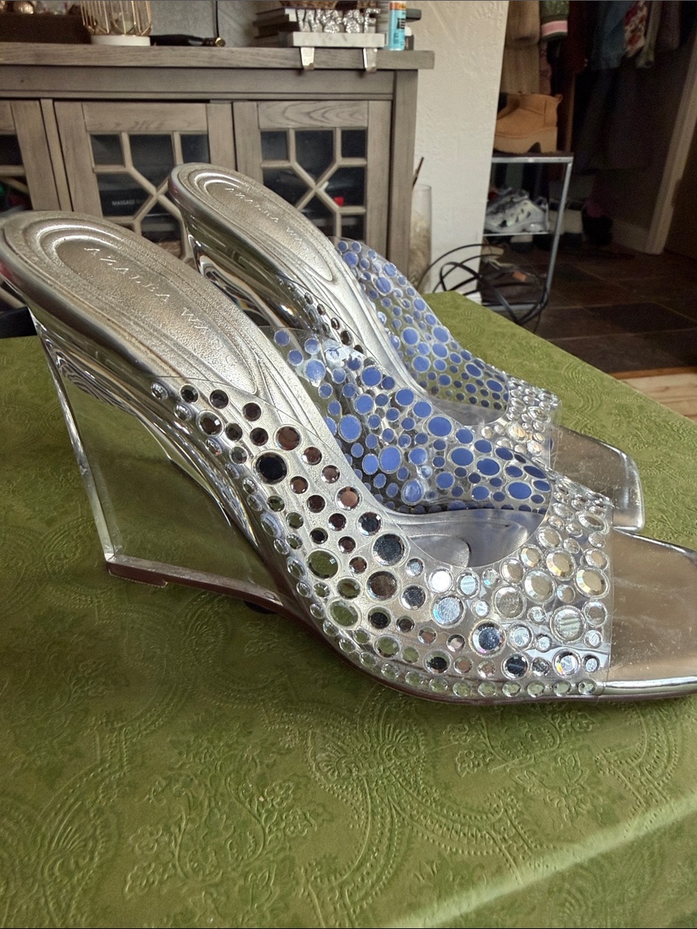 Silver Mirrored Wedge Mules with Blue Accents